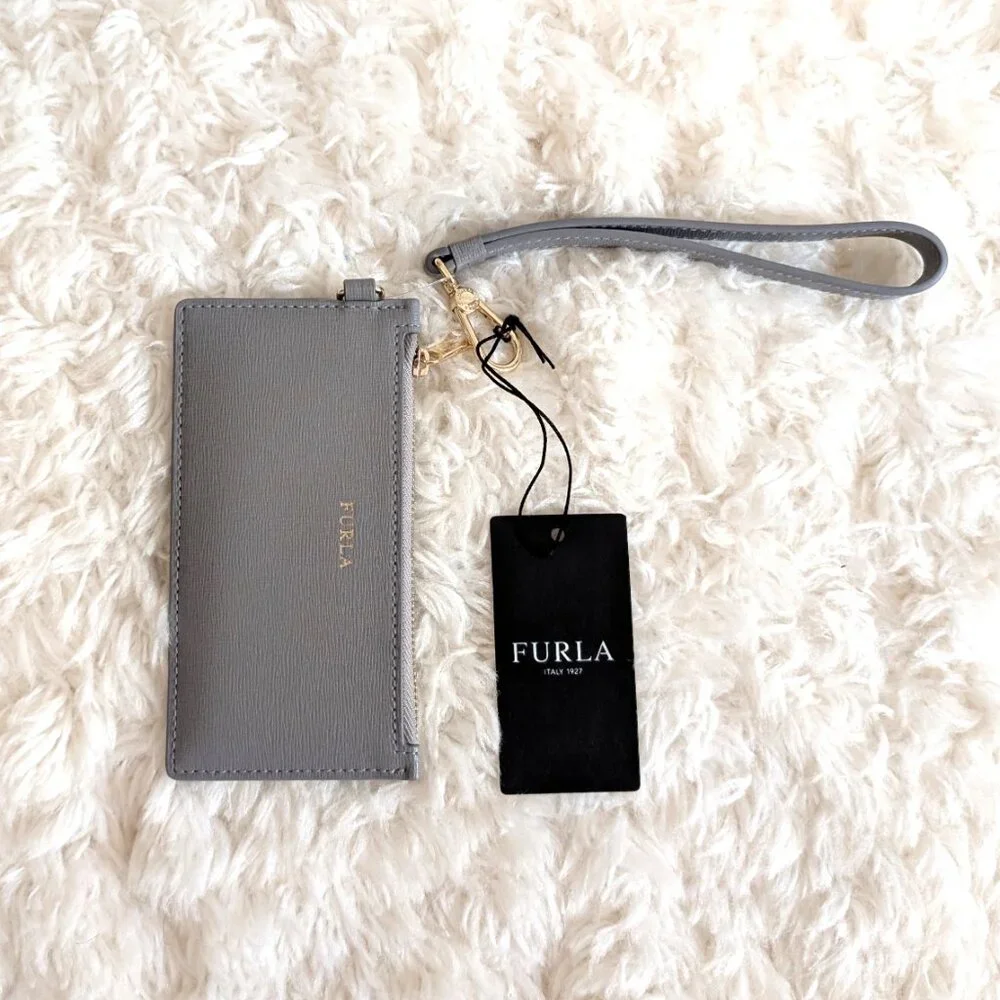 NWT Furla Saffiano Leather Credit Card Case Wristlet in gray